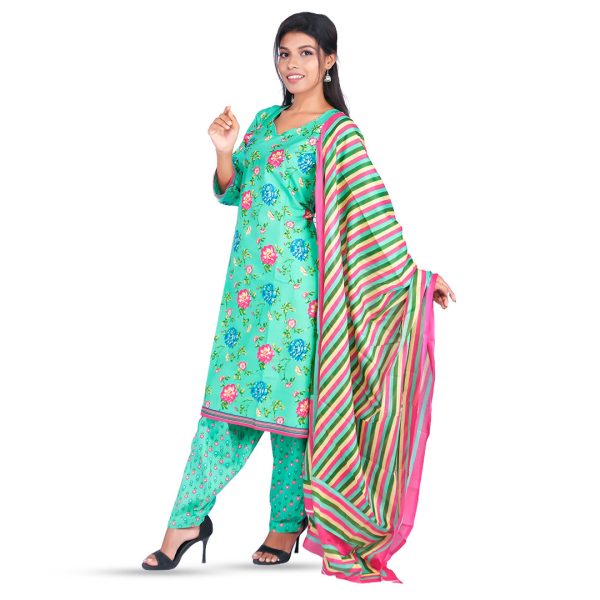 Green with floral print Dupatta Printed 3-Piece Patiala Set - Image 3